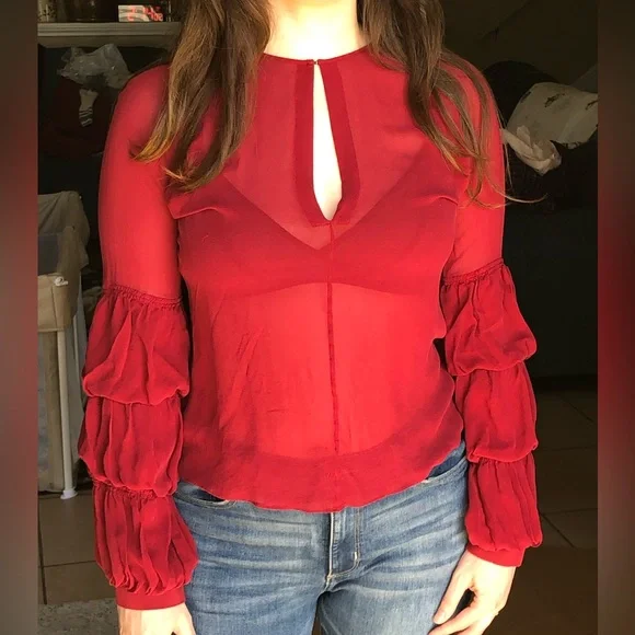 Vivienne Tam Red Silk Sheer Blouse Puffy Sleeves Vintage 90s - Picture 2 of 8